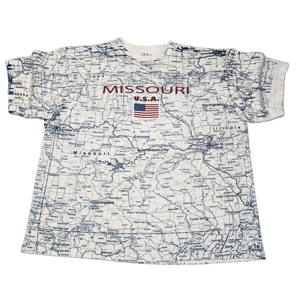 Vintage 90s Tee Jays Missouri Map T Shirt XL Route 66 AOP Made USA